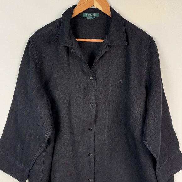 Lauren Ralph Lauren Women's ¾ Sleeve 100% Linen Button Shirt 1X Black Breathable - Picture 2 of 11